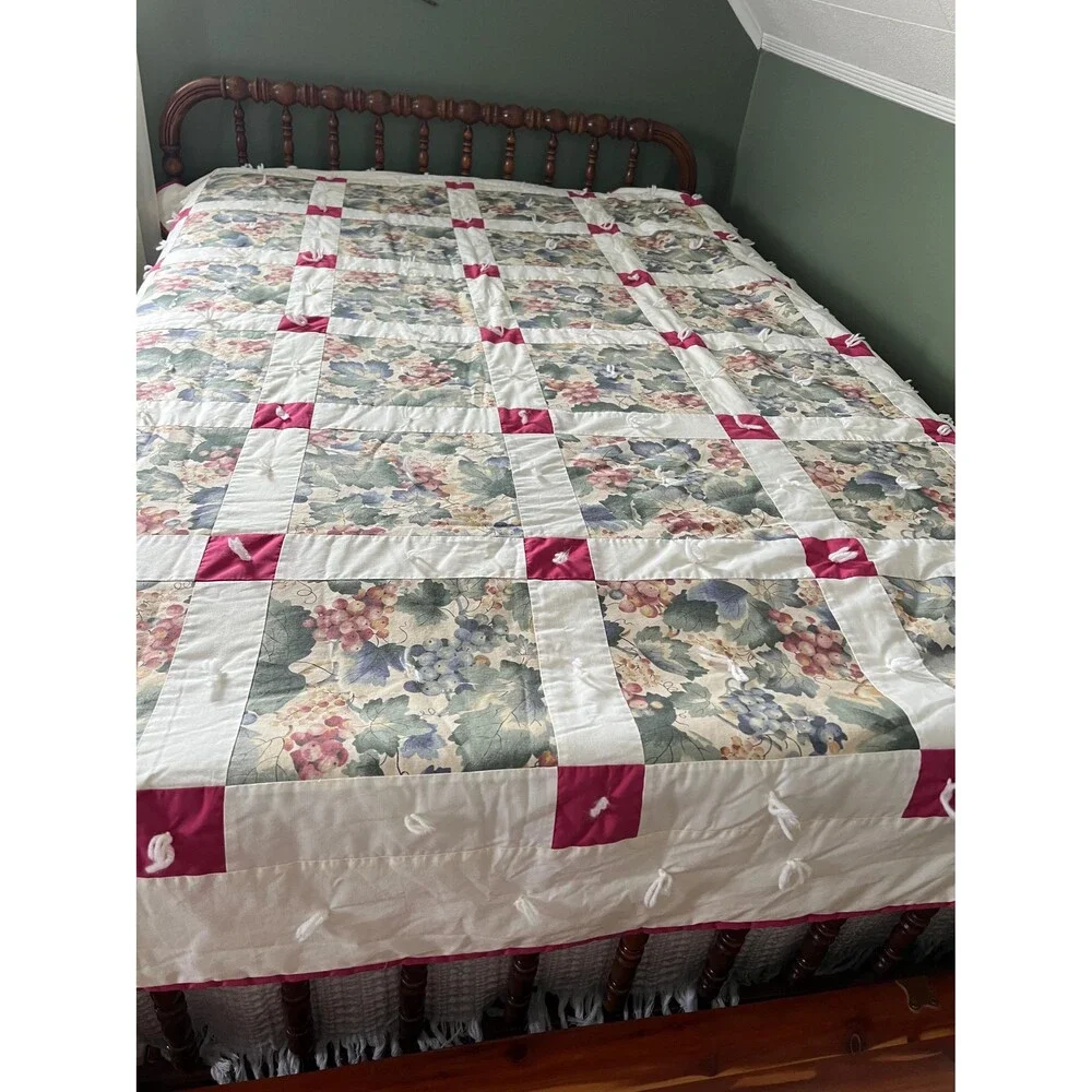 Hand Tied Nine Patch Quilt: Leaf & Grapevine Pattern, Fleece Back